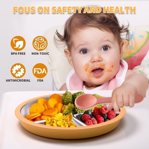 Stainless Steel Toddler Plate with Suction, 9" Divided Plates with Removable Silicone Sleeves for Kids, Non Toxic & BPA Free | Non Slip | Unbreakable Baby Snack Dishes Set of 2, Green & Orange in Saudi Arabia