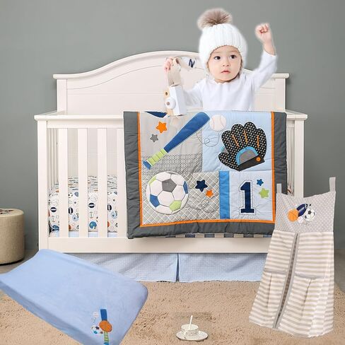 4 PCS Brown Sports Sports Bedding Crib Set (غطاء الجدول المتغير حفاضات) in Saudi Arabia