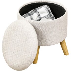 Storage Ottoman, Round Stool Chair with Cushioned Top, Cream White