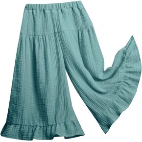 Little Girls Palazzo Pants Flowy Wide Leg Cotton Linen Pants Kids Toddler Baby Elastic Waist Loose Ruffled Trousers