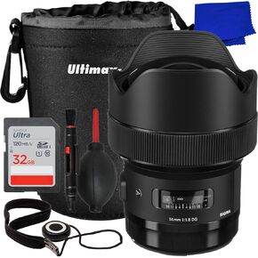 Ultimaxx Essential Sigma 14mm f/1.8 Lens (EF-Mount) Bundle - Includes: 32GB Ultra Memory Card, Water-Resistant Lens Pouch, Universal Lens Cap Keeper, Dust Blower, Microfiber Cloth & More (9pc Bundle)