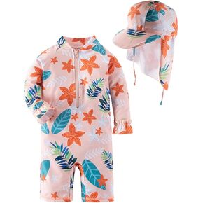 Toddler Girls Leaves Print Long Sleeve Half Zipper Swimsuit with Sun Hat UPF 50+ Sun Protection Swimwear Rash Suit