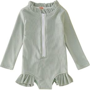 Summer Toddler Girls Long Sleeve Swimsuit Solid Color Beach Swimsuit Ruffle Swimwear Modest Swimsuits for Teen Girls