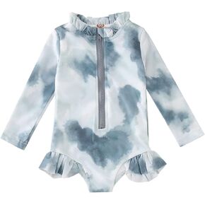 Long Sleeve Ruffles Tie Dye Gradient Color Swimsuit for Toddler Girls Quick Dry Zipper Beach Swimwear Rash Guard