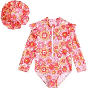 Girls Swimsuits Size 12-14 Toddler Girls Long Sleeve Floral Prints 1 Swimwear Beach Swimsuit Bathing (Pink, 0-6 Months)