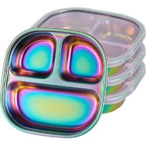 Stainless Steel Kids Plates,Set of 4 Divided Toddler Plate with Lids,Unbreakable Toddlers Baby Dinner Dishes,Metal Food Tray, Colorful (4)