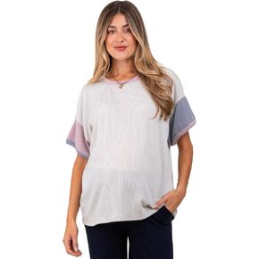 PinkBlush Solid Ribbed Color Block Short Sleeve Maternity Tunic Top