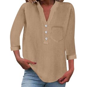 Plus Size Linen 3/4 Length Sleeve Womens Tops V Neck Button Down Henley Shirt with Pocket Summer Casual Blouse