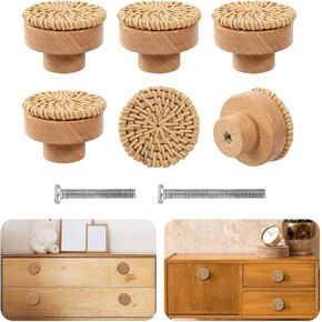 Handmade Boho Rattan Dresser Knobs | Wicker Weave Cabinet Pulls | Vintage Wood Hardware(4pc)