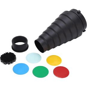 Flash Snoot Mount Conical Snoot Kit Portable and Optical Photography Flash Condenser Tube for Studio Photo Video with Five Color Films and Cellular Mesh Black Metal