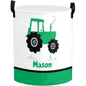 Personalized Laundry Basket Hamper,Farm Tractor Truck Green,Collapsible Storage Baskets with Handles for Kids Room,Clothes, Nursery Decor
