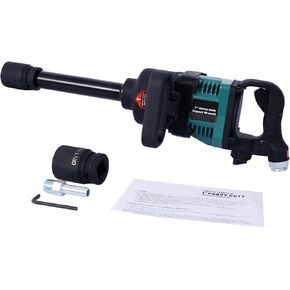 Powerful Industrial 1" Inch Air Impact Wrench Gun, Long Shank Pneumatic Tool with 38mm & 41mm Sockets, Black/Green