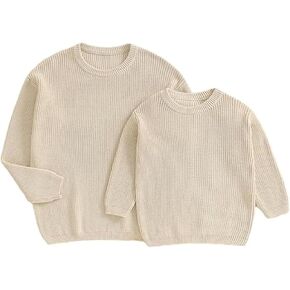 Mommy and Me Family Matching Sweaters Family Solid Color Long Sleeve Ribbed Chunky Knit Sweatshirt Pullover Tops