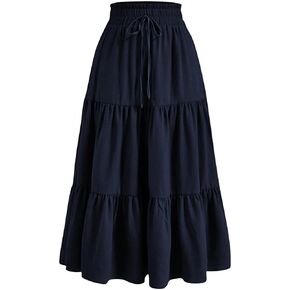 Maxi Skirts for Women Summer Beach Vacation Drawstring High Waisted Layered Long Skirts Ankle Length Casual Skirt
