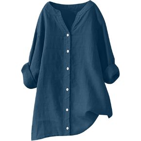 Spring Cotton Linen Tops for Women Loose Fit Plus Size Button V Neck Tunic Shirt Summer Long Sleeve Blouse
