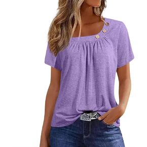 Womens Short Sleeve Blouses Spring Dressy Casual Loose Fit T Shirts Button Decor Summer Solid Color Tunic Tops