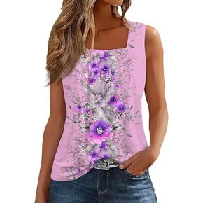 Womens Tank Tops Sleeveless Square Neck Basic Tee Pleated Printed Dressy T Shirts Loose Fit Fashion Tank Tops