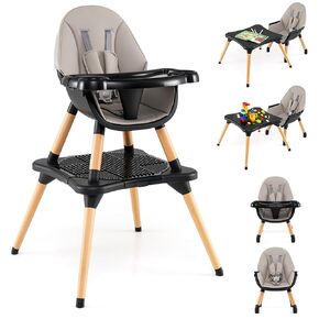 HONEY JOY Baby High Chair, 5-in-1 Convertible Wooden Highchair for Babies and Toddlers/Table and Chair Set/Booster Seat with Safety Harness, 4-Position Removable Feeding Tray (Coffee)