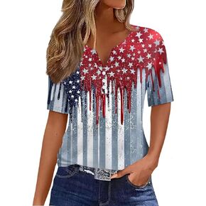 4th of July Outfit for Women American Flag Tops Short Sleeve V Neck Button Down Blouse Cute Patriotic Shirt Summer 2025