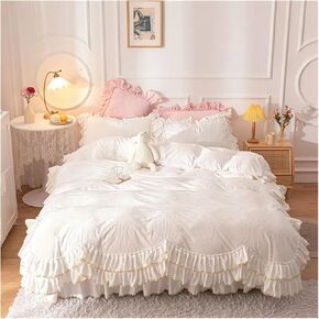 4PCS White Princess Bed Skirt Style Ruffle Fleece Fabric Winter Thick Warm Velvet Duvet Cover Bed Bed Four Pieces Set(2M)