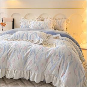 Bedding Sets Girls Ruffles Thickened Warm Quilt Cover Sheet Pillowcase Bedroom Bed Four Pieces Set(B,150x200cm 3pcs)