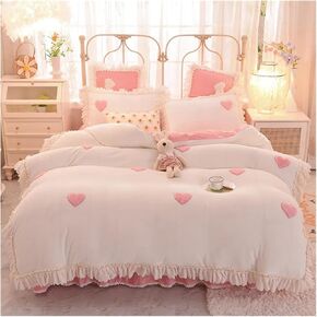 4PCS Winter Fleece Soft Thick Bed Skirt Bedding Set Duvet Cover Bed Linen Pillowcase Fitted Sheet Bed Four Pieces Set(Bianco,2.0M)
