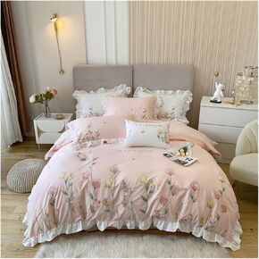 Bed Four Pieces Set Natural Healthy Washed Cotton Princess Bedding Set Flowers Embroidery Ruffles Duvet Cover Quilt Cover Bed Linen Pillowcases(Pink,Flat Bed Sheet-Queen 4PCS)