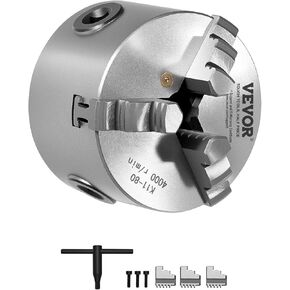 VEVOR 3-Jaw Lathe Chuck, 8 Inch (200 mm), Self-Centering Chuck with 2 1/4 in-8 Threaded Backing Plate, 0.16-7.87 in (4-200 mm) Clamping Range with T-wrench Screws, HT300 Material, for Wood Metal Lathe