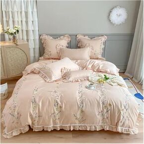 Long-Staple Cotton Four-Piece Set All Cotton Cotton Girl's Heart Embroidery Ruffled Bed Sheet Quilt Cover Bedding Bed Four Pieces Set(Bianco,1.8m Bed 200x230)