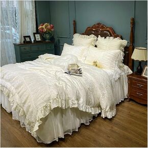 Luxury Princess Wedding Double Layer Lace Bed Skirt Jacquard Cotton Bedding Set Quilt/Duvet Cover Bed Linen Bedspread Pillowcase Bed Four Pieces Set(1.8m Bed Skirt 4pcs)