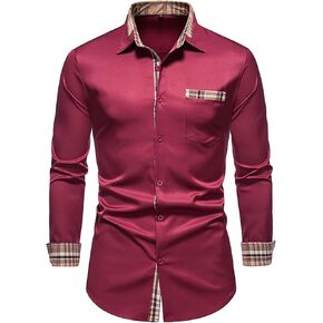 Mens Plaid Long Sleeve Button Down Shirt Casual Turn-Down Collar Slim Fit Shirts Stylish Business Dress Shirts