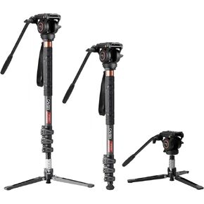 Cayer CF34 Carbon Fiber Camer Monopod Kit, 72 inch Professional Telescopic Video Monopods with Video Fluid Head and Folding Support Base for DSLR Video Cameras Camcorders, Plus 1 Extra Sliding Plate