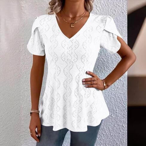 نساء بلوزات تنفخ نفخة قصيرة الأكمام قمم أنيقة V ربطة عنق القميص الأمامي peplum العيينة الدانتيل المطرزة Tee in Kuwait
