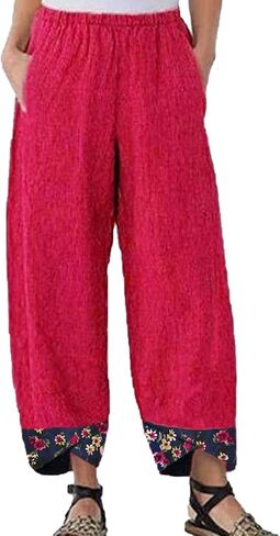 Maiyifu-GJ Women's Printed Linen Wide Leg Pants Summer Elastic Waist Beach Harem Trousers Lightweight Cropped Bottoms Pants in Saudi Arabia