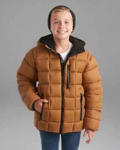 DKNY Boys' Jacket – Lightweight Checker Quilted Packable Puffer Coat with Beanie Winter Hat (8-20) in Saudi Arabia