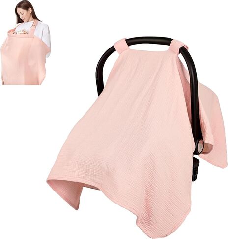 2 in 1 Muslin Infant Car Seat Cover, Multi-Purpose Breastfeeding Covers for Nursing, Breathable Carseat Cover for Baby Girls, Pink in Kuwait