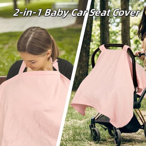 2 in 1 Muslin Infant Car Seat Cover, Multi-Purpose Breastfeeding Covers for Nursing, Breathable Carseat Cover for Baby Girls, Pink in Kuwait