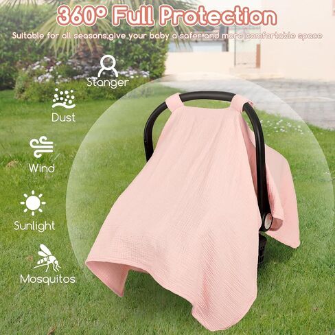 2 in 1 Muslin Infant Car Seat Cover, Multi-Purpose Breastfeeding Covers for Nursing, Breathable Carseat Cover for Baby Girls, Pink in Kuwait