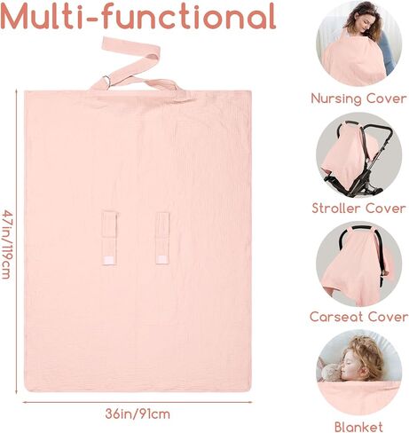 2 in 1 Muslin Infant Car Seat Cover, Multi-Purpose Breastfeeding Covers for Nursing, Breathable Carseat Cover for Baby Girls, Pink in Kuwait