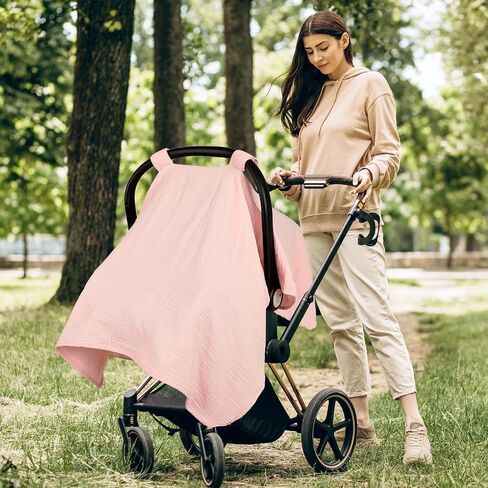 2 in 1 Muslin Infant Car Seat Cover, Multi-Purpose Breastfeeding Covers for Nursing, Breathable Carseat Cover for Baby Girls, Pink in Kuwait