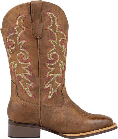 SheSole Women's Extra Wide Calf Cowboy Boots Square Toe – Pull-On Western Boots for Thick Calves, Stretch Comfort & Removable Insole, Classic Western Pattern in Saudi Arabia