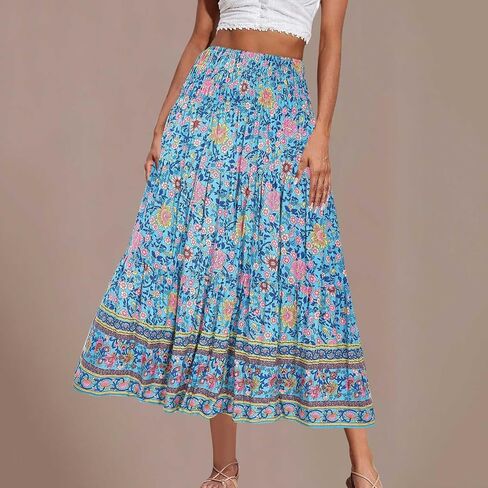 Boho Floral Pleated Long Skirts for Women Summer Casual Elastic High Waisted Skirts A-Line Flowy Swing Maxi Skirt in Saudi Arabia