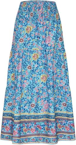 Boho Floral Pleated Long Skirts for Women Summer Casual Elastic High Waisted Skirts A-Line Flowy Swing Maxi Skirt in Saudi Arabia