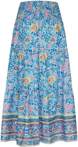 Boho Floral Pleated Long Skirts for Women Summer Casual Elastic High Waisted Skirts A-Line Flowy Swing Maxi Skirt in Saudi Arabia