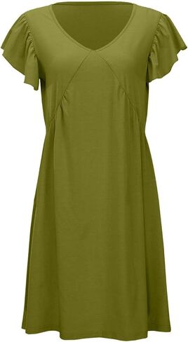 Summer Women's Casual Beach Dress Loose Fit Deep V Neck Mini Dress with Ruffled Sleeves T Shirt Casual Dresses in Saudi Arabia