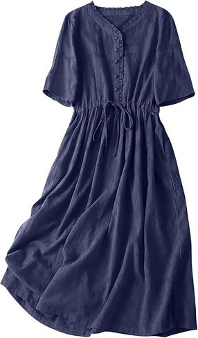 Womens Literary Loose Solid Color V Neck Five Point Sleeve Dress Casual Skirt Summer Dress Casual in Saudi Arabia