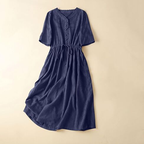 Womens Literary Loose Solid Color V Neck Five Point Sleeve Dress Casual Skirt Summer Dress Casual in Saudi Arabia