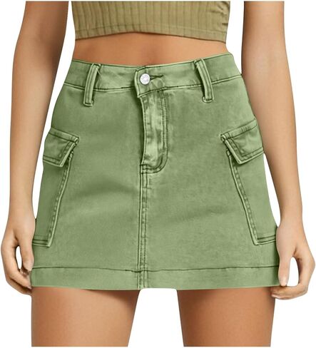 Women's Jean Skirt High Waisted Stretch Casual Summer Mini Skort Trendy Low Waist Cargo Denim Skirts with Pockets in Kuwait
