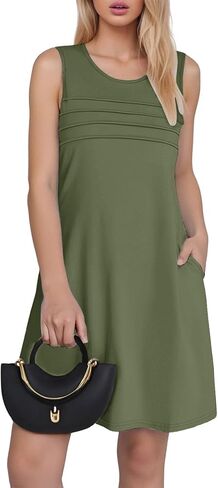 Womens Pleated Front Tank Dresses Fashion Casual Sleeveless Pockets Dress Top Selling Summer Dresses in Saudi Arabia