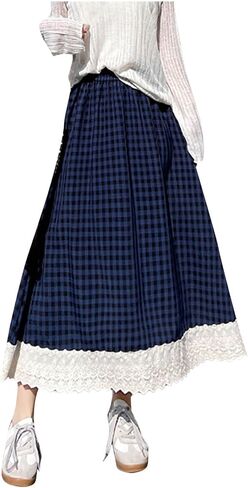 Gingham Long Skirts for Women Lace Lolita Maxi Plaid Skirt A Line High Waist Summer Casual Trendy Cute Skirts in Kuwait
